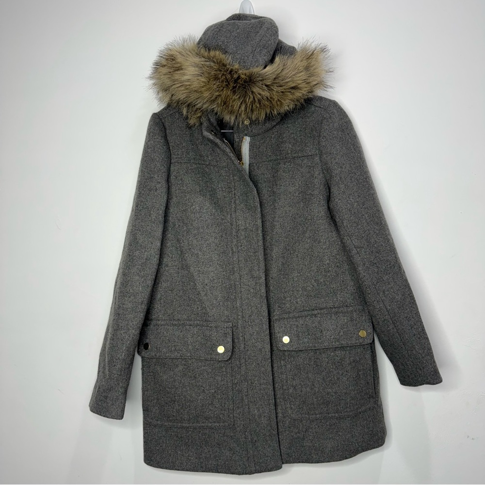 J Crew Mercantile Wool Blend Faux Fur Trim Hooded Gray Coat Size 4
